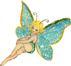 blonde-haired fairy in a green dress with blue sparkly wings
