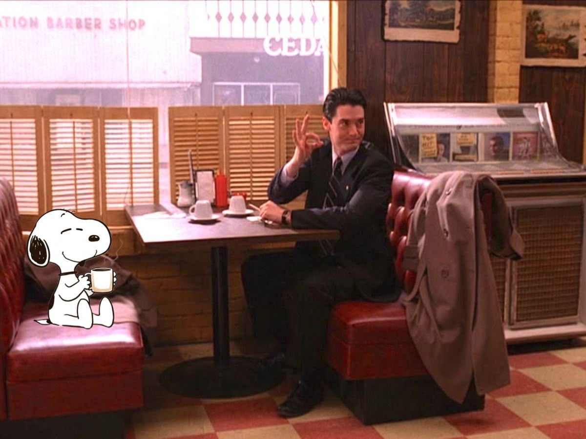 Agent Cooper and Snoopy sharing a booth at the Double R Diner.